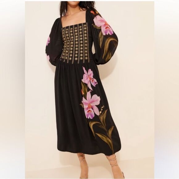 FARM Rio Dresses & Skirts - FARM Rio Black Midi Dress with Pink Floral Print